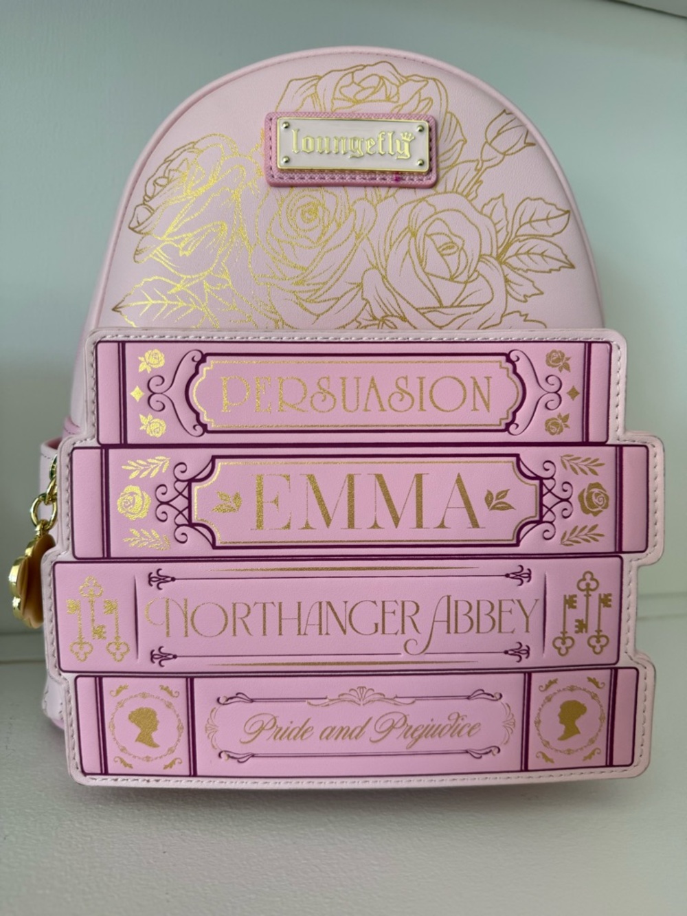 Loungefly hard tag Pink Gold-Accent Classic Jane Austen Books Mini Backpack NWT